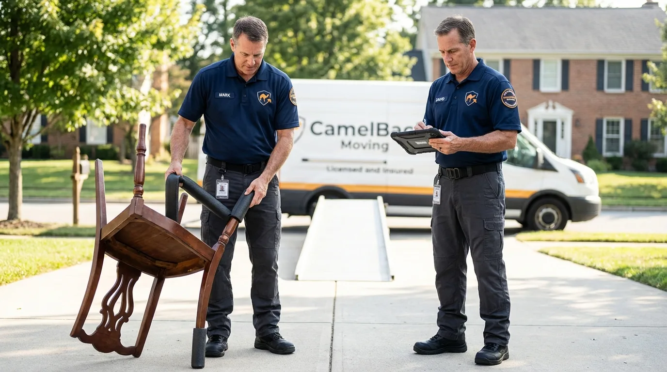 Movers inspecting furniture for damage prevention before loading in Atoka, TN