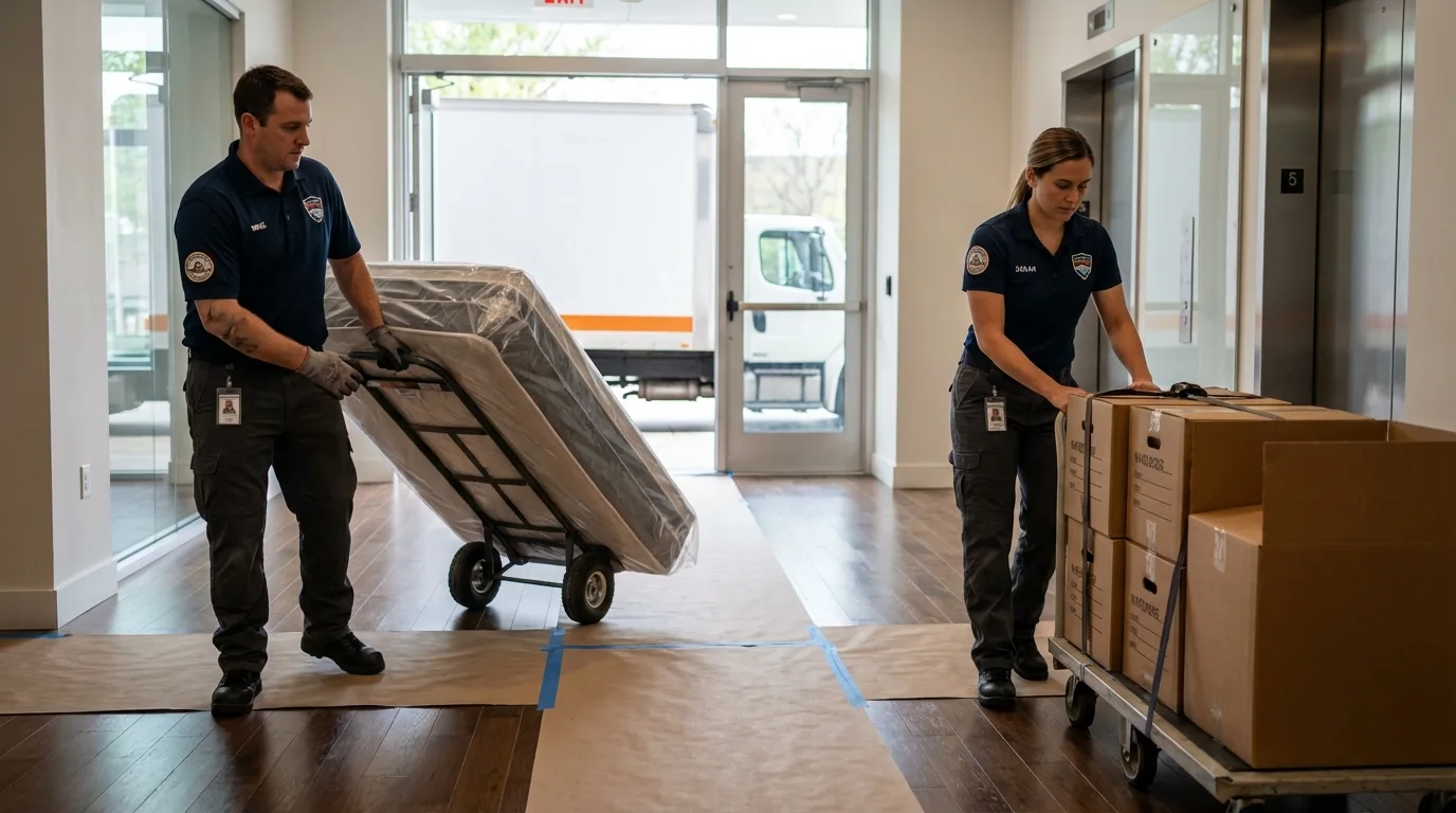 Professional apartment movers loading elevator in Atoka, TN